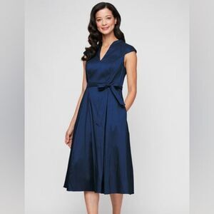 Alex Evening V Neck Midi Fit And Flare Navy Dress Size 6